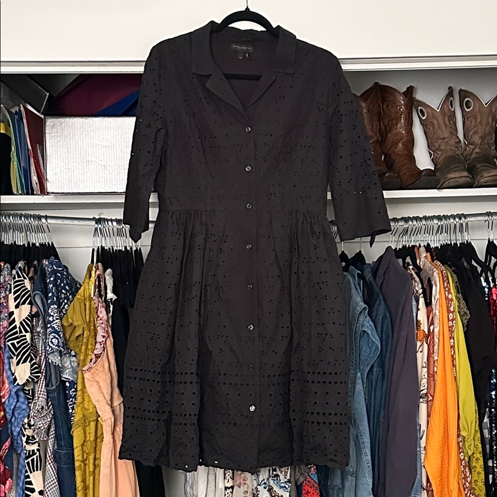 Donna Karan Tea Length Black Eyelet Dress